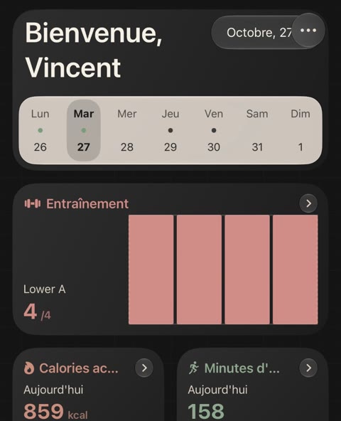 Écran d'accueil : séance Lower A faite, 4 exercices sur 4, calories actives et minutes d'activité du jour